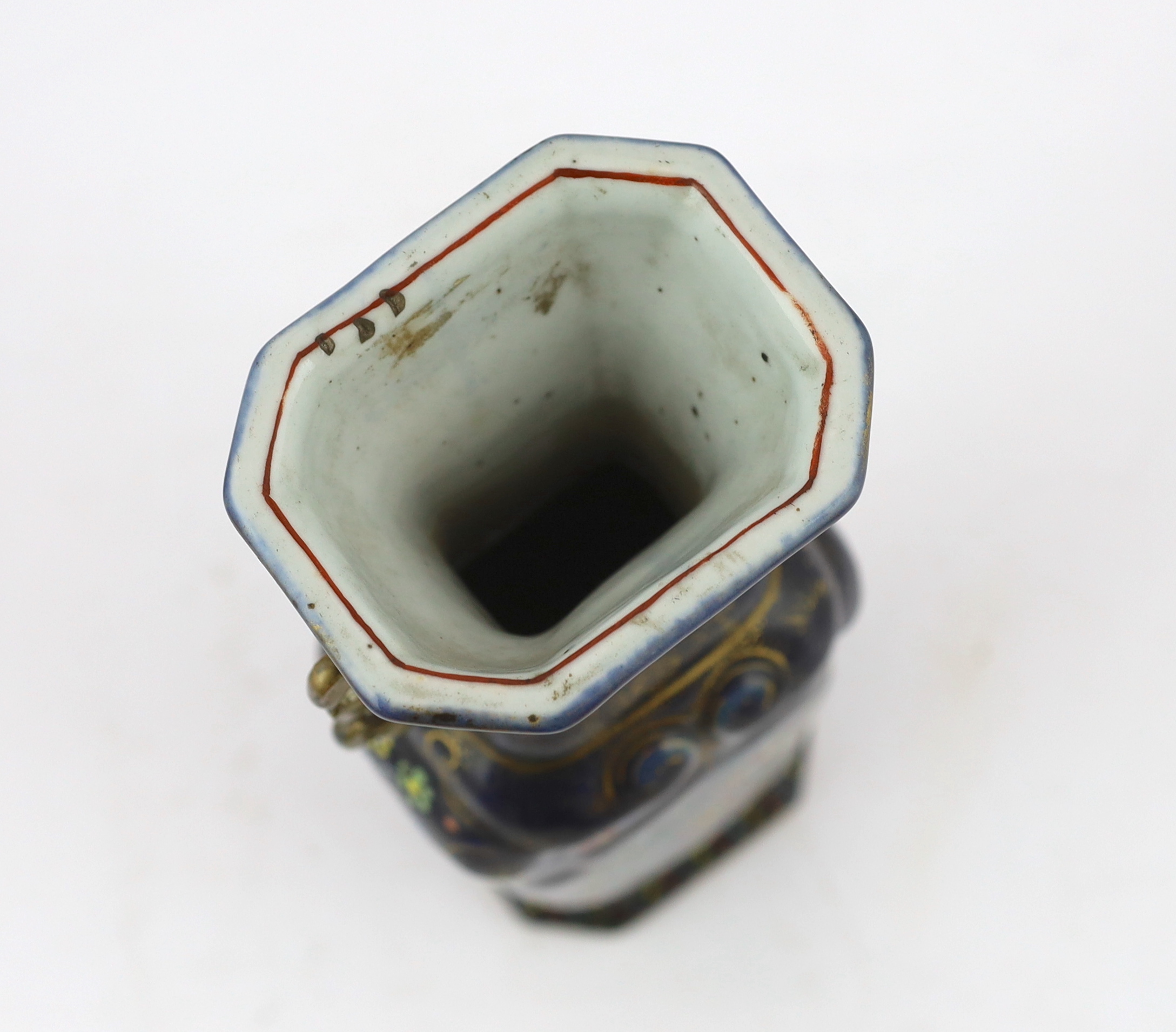 An unusual Chinese blue glazed two handled vase, the porcelain Qianlong period, the enamelled decoration early 19th century English